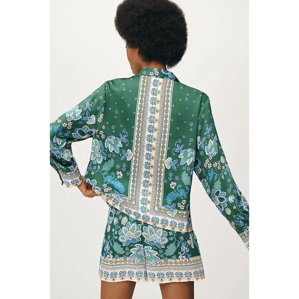 Anthropologie Maeve Long Sleeve Scarf Button Front Blouse, Green Floral, Size S - Picture 3 of 12
